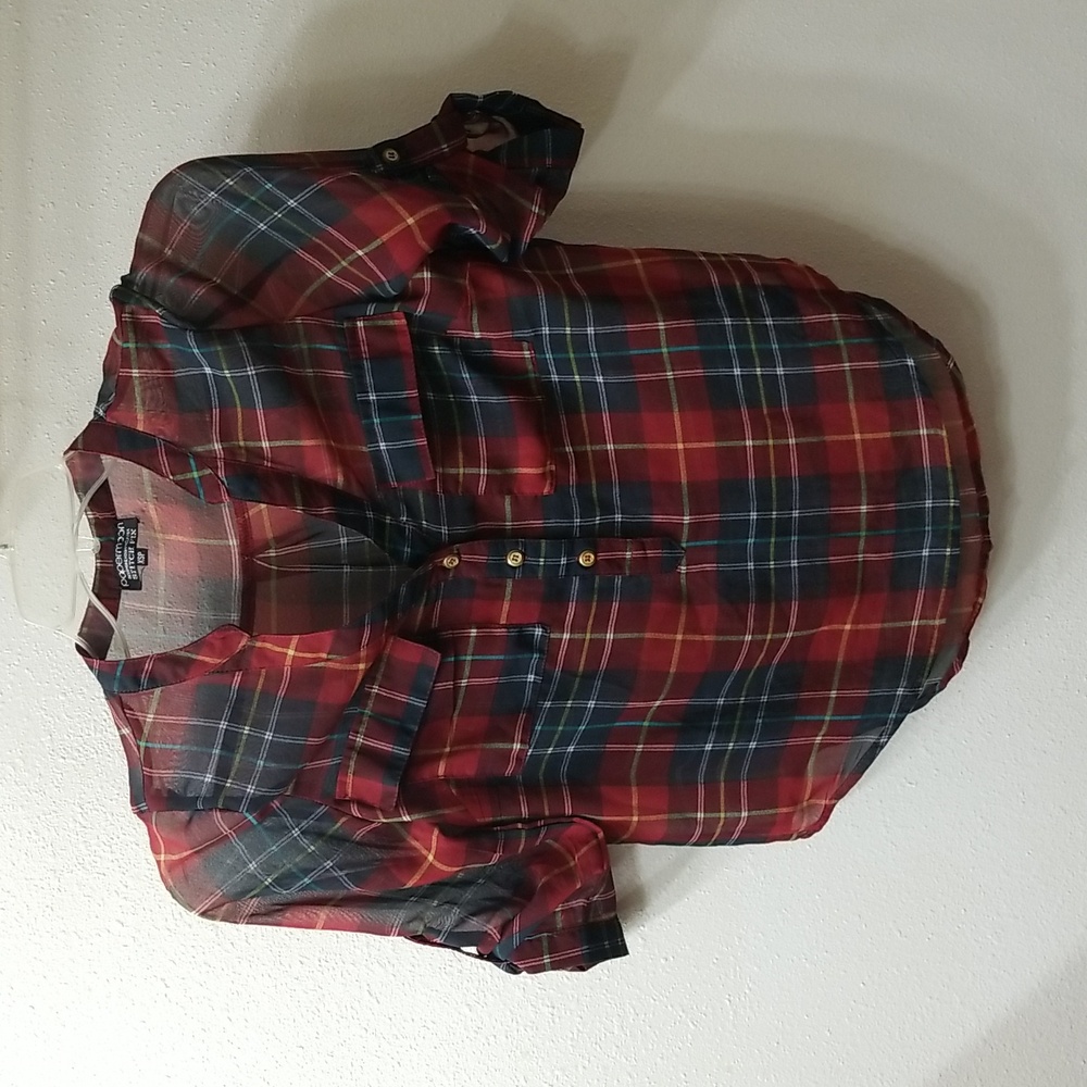 Papermoon Sheer Red and Green Plaid Blouse with Gold Button Details